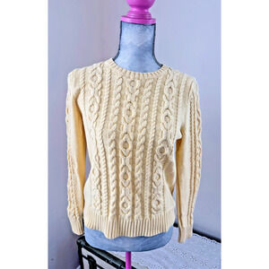 Vintage LL BEAN Women's Cabled Cotton Sweater Yellow Crew Neck Small
